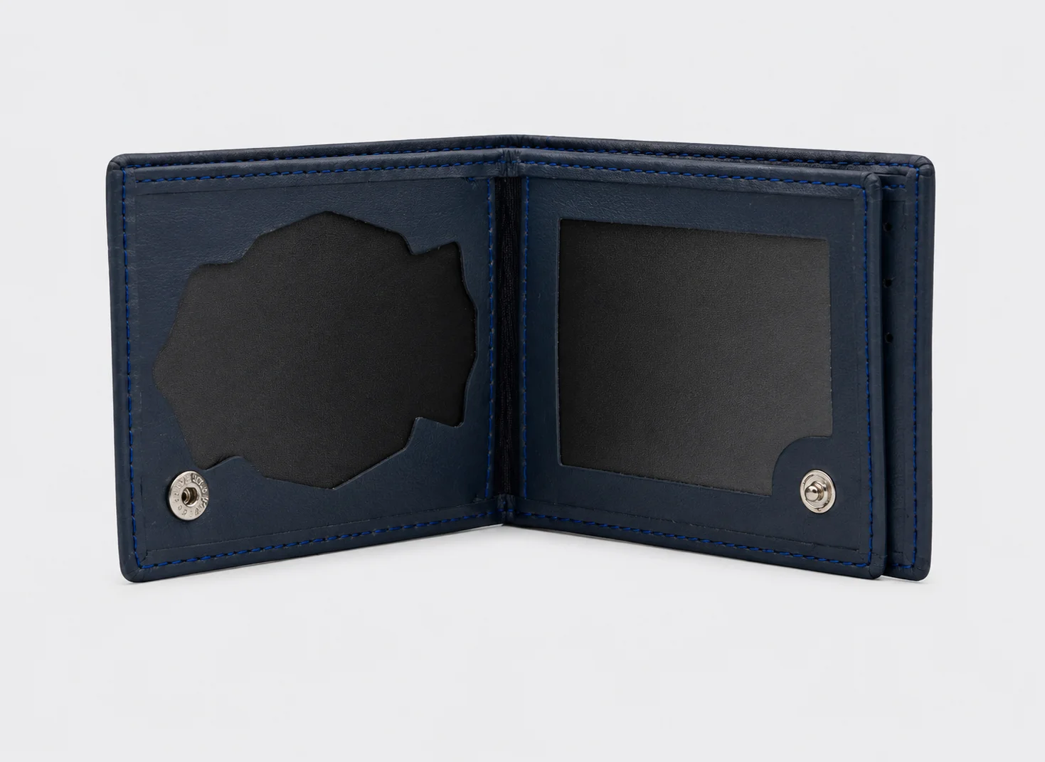 Cartera billetera azul abierta, compartimento para placa y para DNI