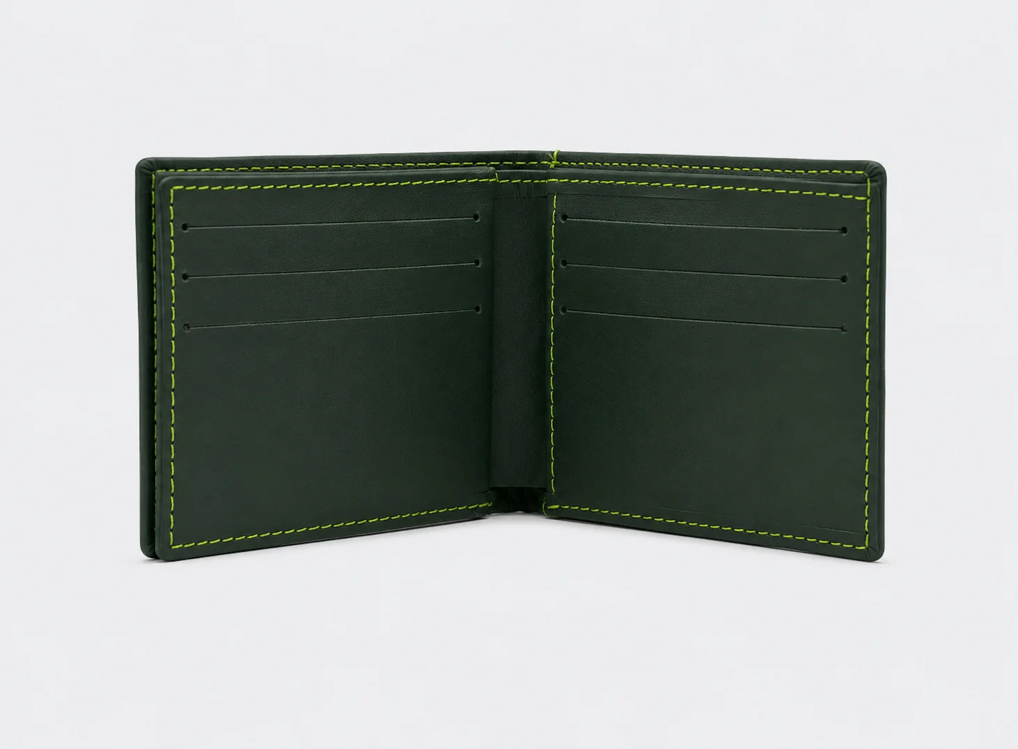 Cartera billetera verde abierta con compartimentos para tarjetas