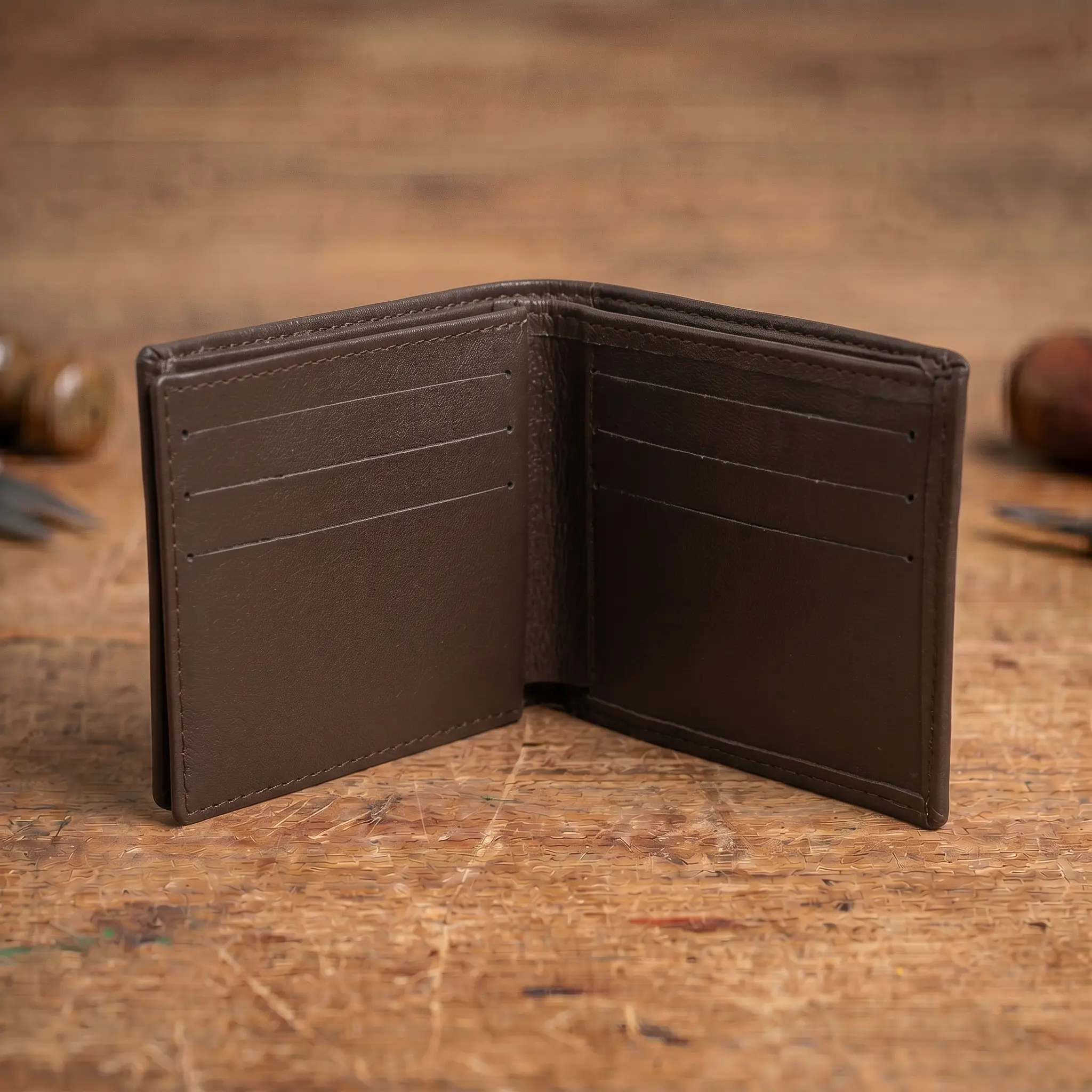 Cartera billetera marrón abierta con compartimentos para tarjetas