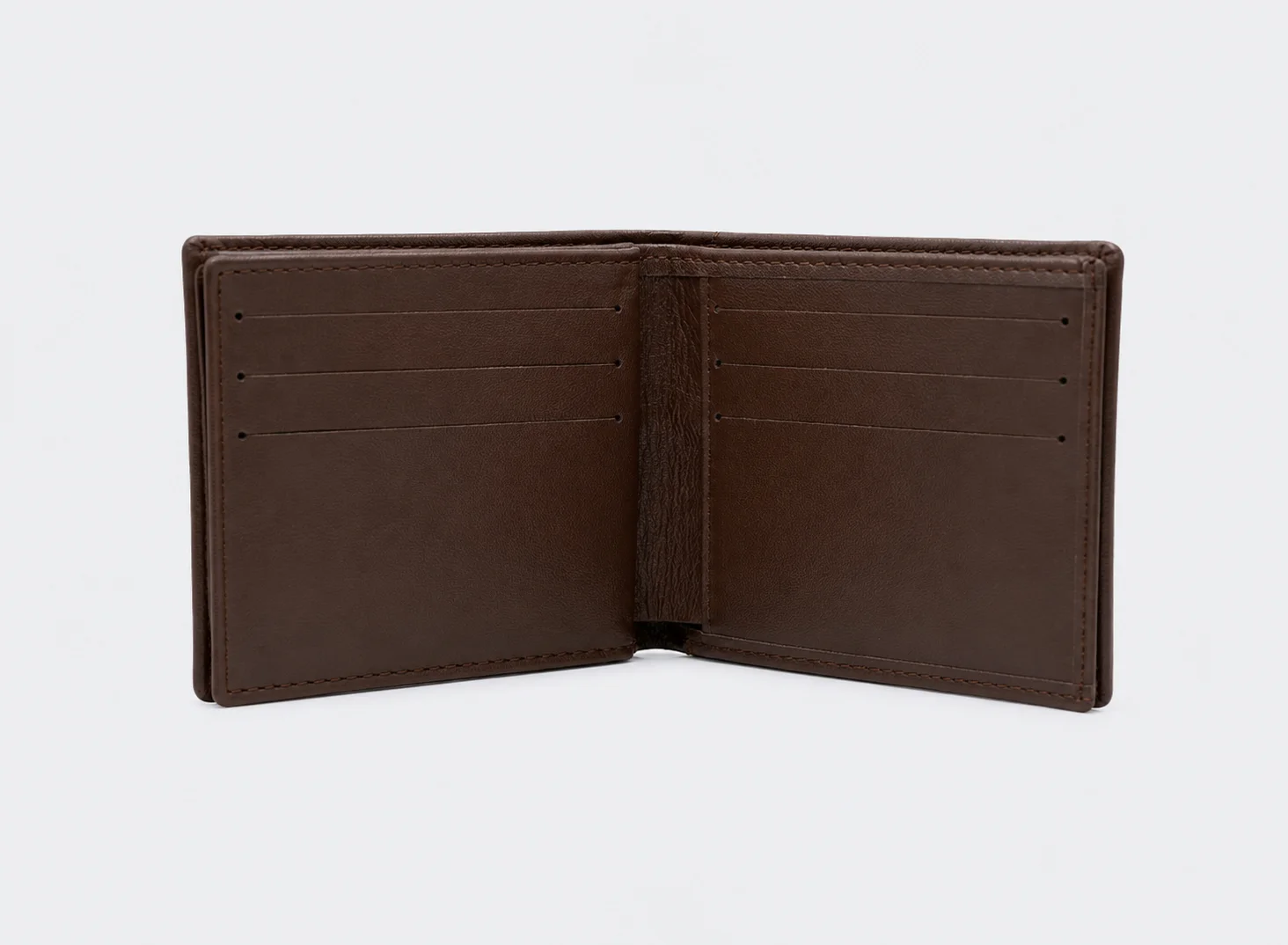 Cartera billetera marrón abierta con compartimentos para tarjetas