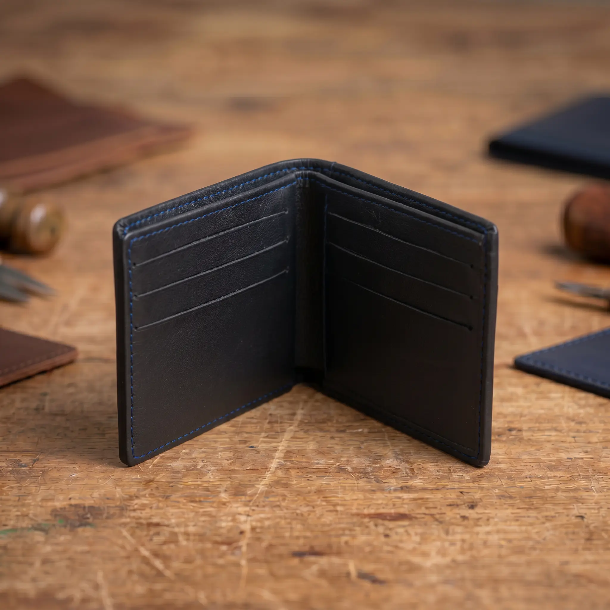 Cartera billetera negra abierta con compartimentos para tarjetas